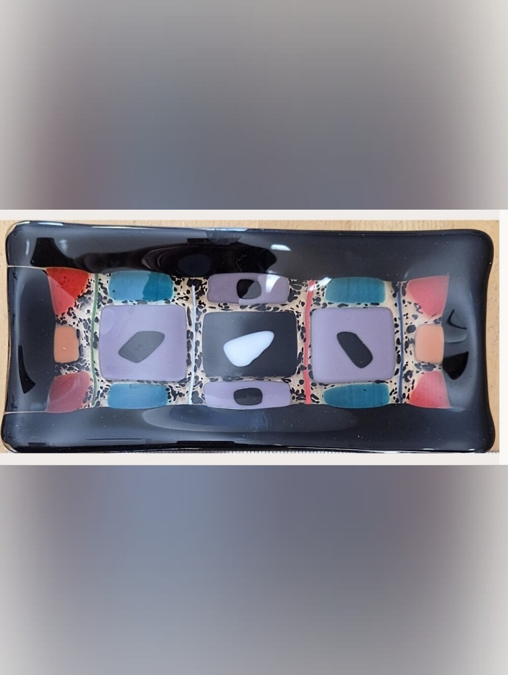 Geometric colorful fused pressed art glass tray plate platter Trinket dish